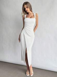 Vestido de cuello cuadrado para mujer con cintura fruncida y abertura.Elegante y adecuado para vacaciones, uso diario o temporada de bodas - Blanco - Ver 1