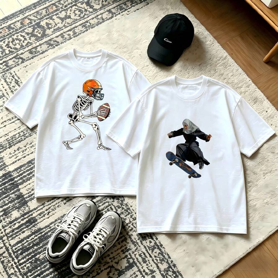 2-Piece Couple Matching Pattern T-Shirt, 100% Cotton, Loose Fit, Soft And Breathable, Casual Round Neck Short Sleeved Top Tiger Head And Unicorn Outline Versatile Patterns No Picky Combinations Coordinated Dating Casual Travel Simple And Cartoonish Printing Styles High Cost-Effectiveness Couple - 白色 - 查看 1