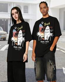 Camisetas Gráficas para Hombre, Manga Corta, Estampado de Surf, Cuello Redondo, Algodón, Casual, Camisetas WAVERIDER para Hombre FTIN - Negro - Ver 6