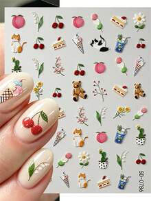 Bộ sticker dán móng tay 5D Y2K Kawaii hình mèo, gấu, anh đào và hoa, họa tiết động vật/trái cây dập nổi, tự dính, thích hợp cho mùa xuân hè. - Nhiều màu - Xem 6