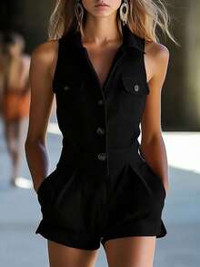 New Summer Women's Short Jumpsuit, Fashionable, Cowboy Style, Sleeveless, V-Neck, Button Front, Flattering Design, Perfect For Casual And Daytime Looks - 黑色 - 查看 5