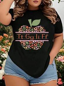 Nueva y moderna camiseta con estampado de manzanas, adornada con letras y un divertido patrón de frutas con estampado de leopardo, adecuada para la vuelta al cole, el Día del Maestro o para uso casual diario. Camiseta blanca de cuello redondo - estilo vintage urbano, unisex, de corte holgado, de algodón puro, de manga corta y cuello redondo. - Negro - Ver 7