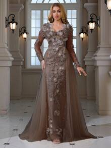 Chal de encaje bordado con cuentas y lentejuelas con lazo de borlas, vestido maxi elegante de línea A para vacaciones y bodas - Café integral - Ver 5