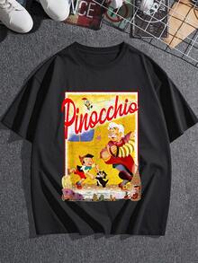 Ilustración colorida que muestra a un muñeco de madera lleno de vida junto a su creador en un momento alegre rodeado de personajes animados que evocan ternura y aventura camiseta de mujer  cómoda y casual para uso diario - Negro - Ver 3