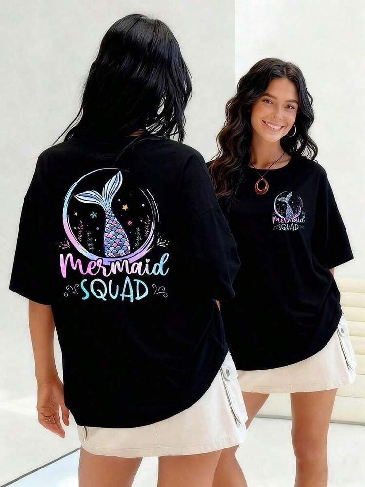 Watercolor Mermaid Tail With Colorful Scales Women's T-Shirt, Modern Design, 100% Cotton, Perfect For A Relaxed Look That Evokes The Magic Of The Ocean. Suitable For Spring, Summer And Autumn - 黑色 - 查看 1