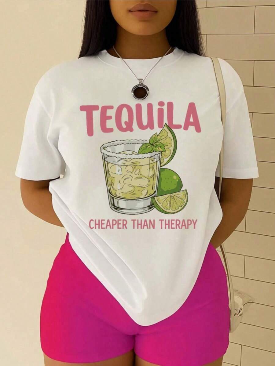Camiseta con Estampado de Tequila para Mujer - Más Barata que la Terapia, Cuello Redondo Casual, Manga Corta, Mezcla de Poliéster Ligero, Perfecta para Primavera y Verano, Camiseta para Uso Diario, Camiseta con Estampado Divertido, Ajuste Cómodo, Blusas para Mujer - Blanco - Ver 1