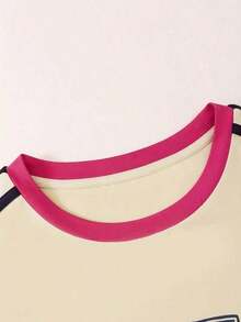 Camiseta casual de mujer con rayas laterales de color contrastante, estilo universitario para uso diario de manga corta, top deportivo de verano minimalista de patchwork retro a rayas - Multicolor - Ver 3