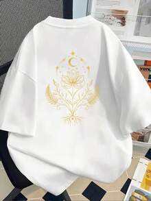 Camiseta de manga corta de algodón de 180 g - camiseta de manga corta con estampado frontal y trasero - fases lunares y estrellas, diseño de loto - camiseta estampada de moda para mujer, primavera/verano, ¡tu mejor elección! - Estilo unisex. - Blanco - Ver 2