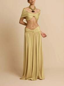 Conjunto vestido largo liso de verano estilo europeo, hombro al descubierto, escote bandeja y diseño con cintura al descubierto, estilo sensual y moderno. - Amarillo - Ver 2