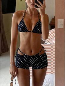 Nuevo conjunto de bikini de tres piezas para mujer, sexy, con tiras de lunares, negro, con cordones, para la playa en verano. - Negro - Ver 11