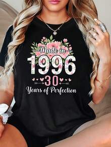 Women's T-Shirt With Perfect 1996 30th Birthday Theme - Rose Flower Decoration, Heart And Slogan, Casual Short Sleeve, Soft Pink And White 30th Birthday Celebration Tee - 黑色 - 查看 1