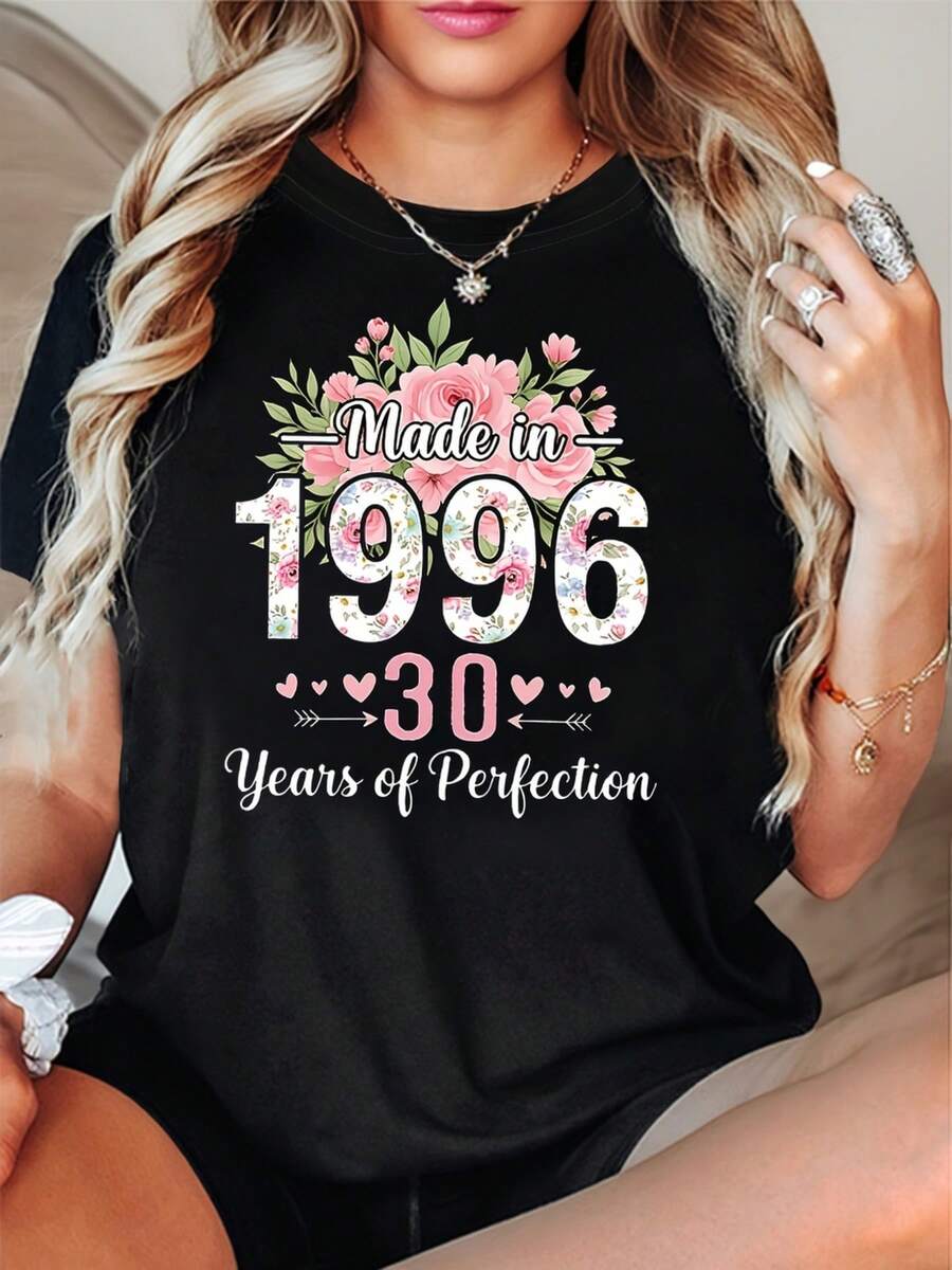 Women's T-Shirt With Perfect 1996 30th Birthday Theme - Rose Flower Decoration, Heart And Slogan, Casual Short Sleeve, Soft Pink And White 30th Birthday Celebration Tee - 黑色 - 查看 1