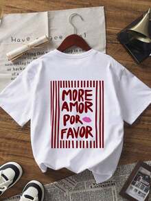 Women's Short-Sleeved, Loose-Fitting, Round-Neck T-Shirt With "MORE LOVE PLEASE" Striped Print, Suitable For Parties, Holidays, Office, Daily Wear, Dates, Meetings, Streetwear, A Must-Have Casual White T-Shirt For Summer, 100% Cotton. - 白色 - 查看 4