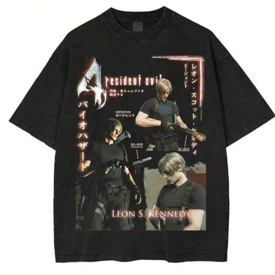 Camiseta casual de verano de algodón puro, camiseta casual con estampado de moda, camiseta unisex Y2K con gráficos retro de verano, camiseta gráfica de Leon S. Kennedy, camiseta de personaje de videojuego, camiseta con temática de Biohazard, ropa para fanáticos de los videojuegos retro, camiseta de , mercancía de , camiseta de 4, ropa unisex para hombre y mujer. Estilismo sin Esfuerzo, Muestra Tu Estilo Único WGS1 - Negro - Ver 1
