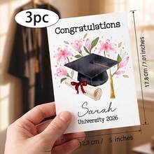 1/3pcs Personalized Graduation Greeting Cards, Customizable Text, With Graduation Cap And Scroll Design, Elegant Floral Graduation Congratulations Cards - Multicolor - View 9