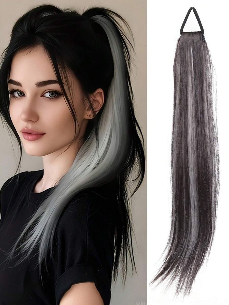 Tóc nối dài 18 inch bằng chất liệu tổng hợp, kiểu đuôi ngựa thẳng, có dây chun, được nhuộm highlight và tết bím, dành cho nữ. - Nhiều màu - Xem 1