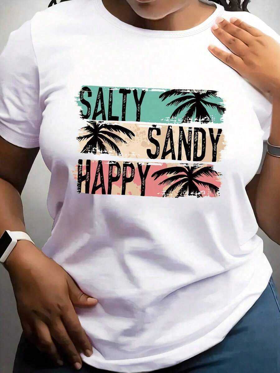 Women's Casual Short Sleeve T-Shirt - Geometric Print Coconut Tree Salty Sandy Happy Beach, With Teal And Pink Stripes, Lightweight Breathable Crew Neck Top For Spring Summer Weekend Outfits, Beachwear, Fun Design, Comfortable Fit, Soft Material, Printed T-Shirt, Vacation Clothes - 白色的 - 查看 1