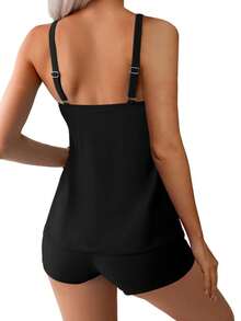 Women's Flowy Tummy Control Tankini Sets With NO CRABBY Design, Two Piece Tummy Control Bikini Swimsuits Blouson Tank Top With Boyshorts Bathing Suits  For Beach And Hot Springs / Summer Vacation Outfit - 黑色 - 查看 3