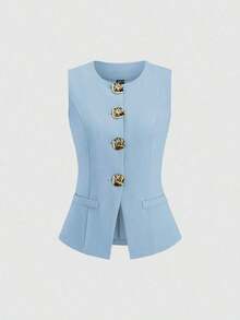 2026 Tall Women's Minimalist Basic Sleeveless Top With Large French Style Metal Buttons - 黑與白 - 查看 5