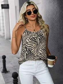 Camiseta de tirantes con pliegues con estampado de cebra para mujer - Albaricoque - Ver 5
