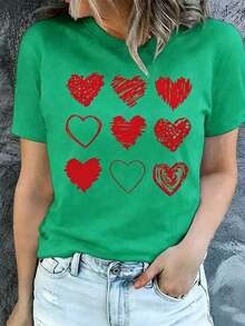 Premium Women's White T-Shirt With Hand-Drawn Red Heart Graphic Of 9 Hearts, Romantic Aesthetic T-Shirt For Valentine's Day, Cute Minimalist Fashion Blouse,  Popular Heart Casual Top - 綠色 - 查看 7