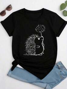 Plus Size Short-Sleeved T-Shirt With Round Neck And Hedgehog Print, Suitable For Women's Casual Summer Graphic T-Shirts - Black - View 1