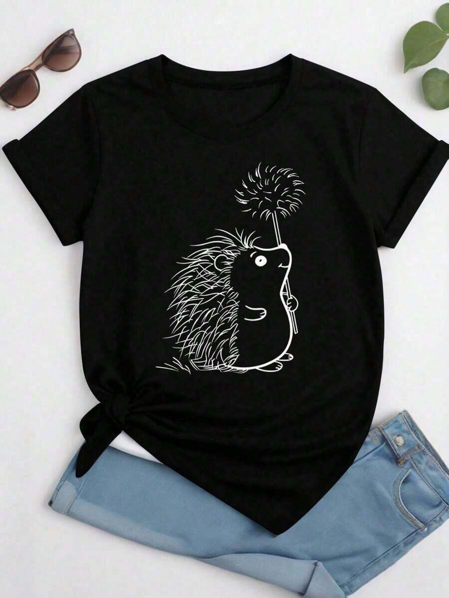 Plus Size Short-Sleeved T-Shirt With Round Neck And Hedgehog Print, Suitable For Women's Casual Summer Graphic T-Shirts - Black - View 1