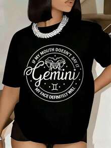 Women's T-Shirt With Gemini Zodiac Sign, If My Mouth Doesn't Say It, My Face Definitely Will, Short Sleeve Print, Round Neck, Casual Summer Wear, 220g - 黑色 - 查看 1