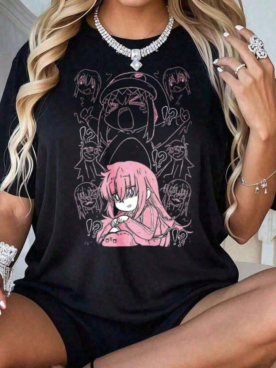 Unisex Anime Girl Print T-Shirt, Plus Size, Pink Character Graphic Design, Casual Loose Fit For Women And Men, 100% Cotton, Suitable For Versatile Casual Wear In Spring, Summer And Autumn. - -13 - 查看 1
