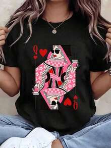 Women's T-Shirt With Queen Of Hearts Print, Sunglasses And Coffee Cup, Graphic Design, Regular Fit, Round Neck, Casual Clothing For Everyday Wear, Gift Idea - 黑色 - 查看 6
