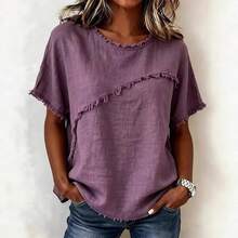 Women's Linen-Blend Fringe Trim T-Shirt, Crew Neck Short Sleeve Casual Blouse, Multi-Color Options SwankSociety - Purple - View 4