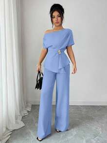 onjunto de primavera/verano para mujer con pantalón ancho de una sola manga con hebilla metálica en la cintura, adecuado para uso diario, bodas, galas, ir al trabajo, fiestas de graduación, vacaciones, citas, fiestas, Halloween, Navida - Celeste - Ver 4