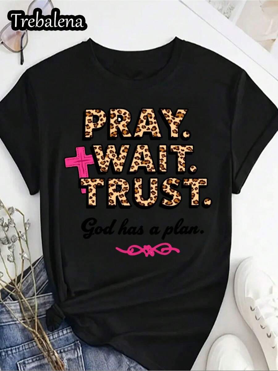Women's Christian T-Shirt: Prayer, Hope, Trust In God's Plan. Leopard Print Design. Faith T-Shirt With Pink Bow Design. Casual Short-Sleeved Crew Neck T-Shirt. Suitable For Spring, Summer, And Autumn. Mother's Day Gift. - 黑色 - 查看 1