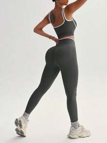 Dewbera Conjunto deportivo de mujer de dos piezas con bloques de color sin costuras, malla de yoga, conjunto de fitness, conjunto de entrenamiento de dos piezas, conjunto activo de dos piezas, conjunto deportivo negro de dos piezas - Gris Oscuro - Ver 2