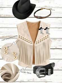 Chaqueta casual de mujer con flecos de gamuza, decoración de remaches, estilo bohemio, versátil para uso diario, vacaciones, trabajo, estilo francés elegante, sin mangas, beige, para principios de primavera/primavera y verano - Albaricoque - Ver 9