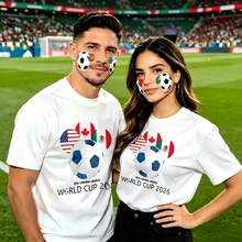 Couple Football Pattern T-Shirt, 100% Cotton, Loose Fitting, Soft And Breathable, Casual Round Neck Short Sleeved Top World Cup 2026 Usa Canada Mexico Printed Patterns, Dating, Leisure Travel, Gatherings, Simple Cartoon Printing Style, High Cost-Effectiveness Suitable For Watching Live Sports Games, - 白色 - 查看 1
