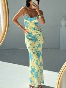 Fitted Dress With Low-Cut Print, Elegant Style Spring 2026 - 黃色 - 查看 3