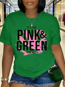 1 Piece Graphic2026 Women's Round Neck T-Shirt J15 AKA 1908 - Black With Empowerment Slogans In Pink And Green, Breathable, Short Sleeve, Summer, Machine Washable, Festive Clothing, Comfortable Fit, Loose And Comfortable, Vintage Casual T-Shirt. - 綠色 - 查看 1