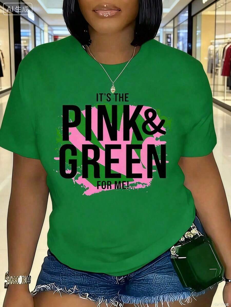 1 Piece Graphic2026 Women's Round Neck T-Shirt J15 AKA 1908 - Black With Empowerment Slogans In Pink And Green, Breathable, Short Sleeve, Summer, Machine Washable, Festive Clothing, Comfortable Fit, Loose And Comfortable, Vintage Casual T-Shirt. - 綠色 - 查看 1