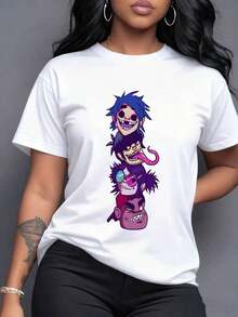 Stack Of Four Animated Characters With Expressive Faces, Blue Hair, Irregular Teeth, Extended Tongue, Colorful Glasses, And A Red Cap Reflects Urban Art And Modern Pop Music. Women's T-Shirt, 100% Cotton, Casual Short Sleeve. - 白色 - 查看 1