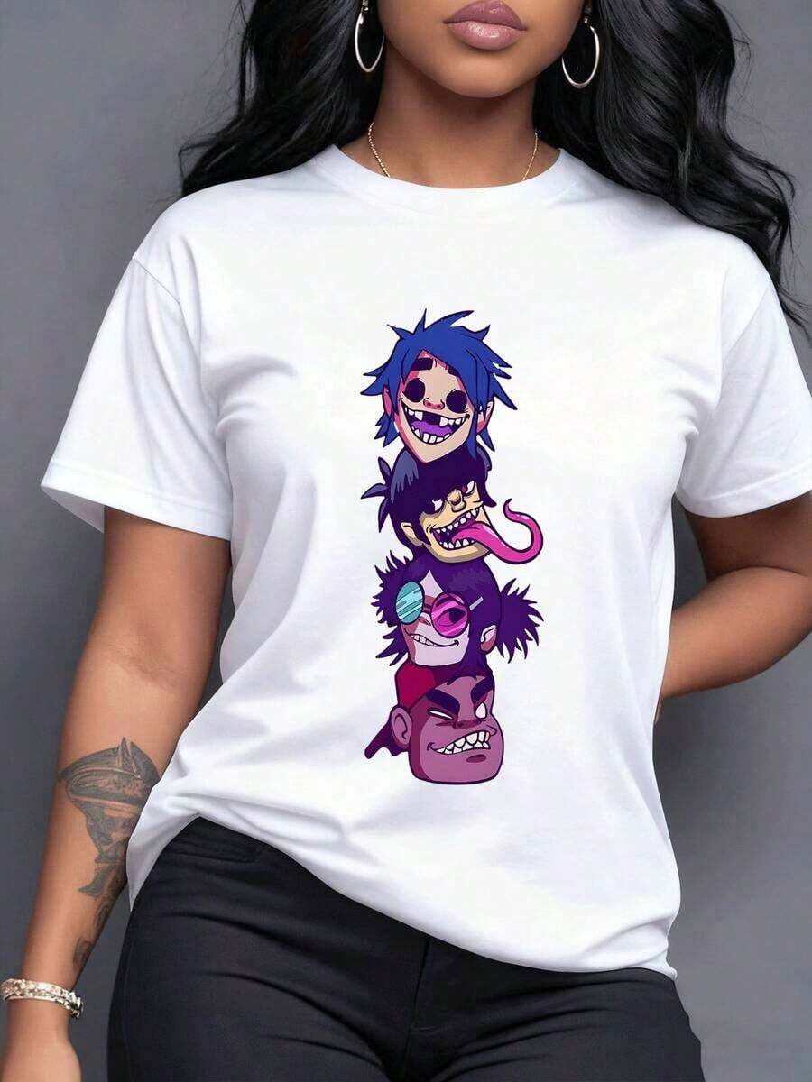 Stack Of Four Animated Characters With Expressive Faces, Blue Hair, Irregular Teeth, Extended Tongue, Colorful Glasses, And A Red Cap Reflects Urban Art And Modern Pop Music. Women's T-Shirt, 100% Cotton, Casual Short Sleeve. - 白色 - 查看 1