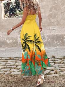 Women's White Dress With Black Tropical Leaf Print, V-Neck With Ruffles, High Leg Cut With Slit, Thin Straps, Lightweight Fabric Ideal For Beach, Summer Vacation And Pool Parties, Boho Chic And Sexy Style - 黃色 - 查看 2