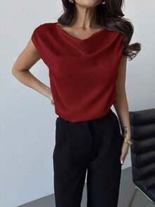 Blusa de satén elegante y chic de color albaricoque con cuello asimétrico plisado y sin mangas, adecuada para citas, bodas, ir a trabajar, primavera/verano - Burdeos - Ver 3