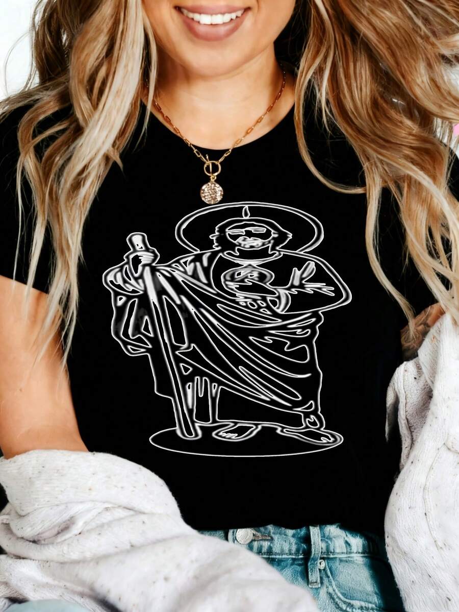 Religious Jesus Graphic T-Shirt, 100% Cotton Oversized Soft Breathable Casual Crewneck Short Sleeve Top, Vintage Aesthetic Summer Vibes Tee For Faith Lovers - 黑色 - 查看 1