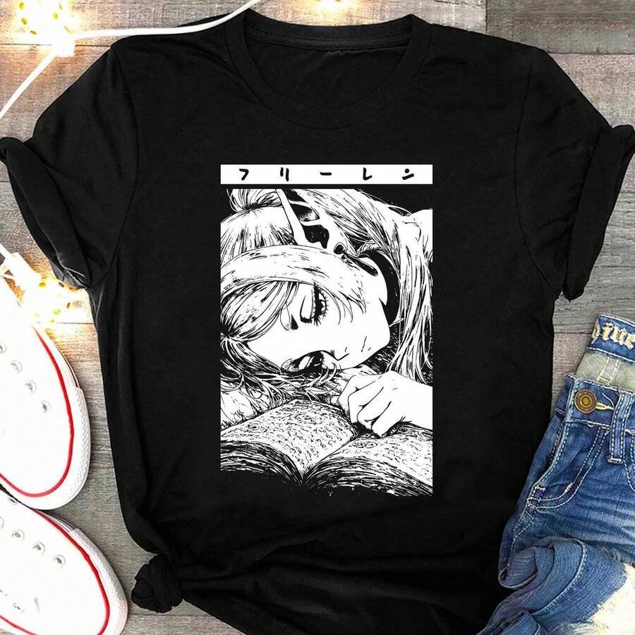 Camiseta de anime Frieren, camiseta de manga Beyond Journey's End, camiseta vintage Sousou No Frieren T1EE, regalo de helecho, camisetas de novela japonesas. Camiseta unisex informal de algodón grueso de 220 g, textura suave y tacto agradable, cómoda y respetuosa con la piel. El estilo clásico y sencillo nunca pasa de moda, ideal para ir al trabajo, practicar deporte, viajar, ir de vacaciones y cualquier ocasión informal. - Negro - Ver 1