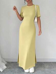 Vestido largo de mujer de manga corta con cuello en V y bajo dividido, de unicolor, vestido maxi elegante de color burdeos, vestido largo ajustado, vestido largo rojo, vestido maxi de manga corta para mujer, vestidos de mujer, vestido largo ajust - Amarillo claro - Ver 6