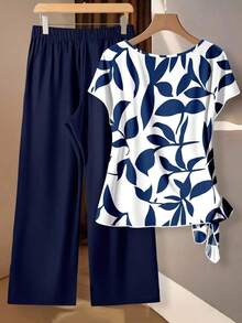 2 piezas Conjunto de camisa y pantalones casuales bohemios con estampado verde para mujer - Elegante conjunto romántico retro para primavera/verano, perfecto para vacaciones, boda en una isla tropical, fiesta de damas de honor, invitado de bod - Multicolor 7 - Ver 5
