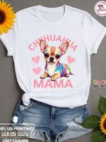 Women's Short-Sleeved Polyester T-Shirt With A Round Neck, Featuring A Chihuahua Mama Rainbow Dog Love Print. This Cute And Casual Animal Design Is Perfect For Pet Lovers And Dog Moms. Soft, Comfortable, And Durable. A Loose-Fitting, Casual, And Versatile T-Shirt. - 白色 - 查看 1