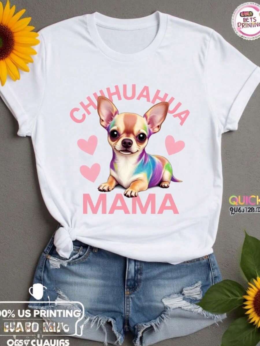 Women's Short-Sleeved Polyester T-Shirt With A Round Neck, Featuring A Chihuahua Mama Rainbow Dog Love Print. This Cute And Casual Animal Design Is Perfect For Pet Lovers And Dog Moms. Soft, Comfortable, And Durable. A Loose-Fitting, Casual, And Versatile T-Shirt. - 白色 - 查看 1
