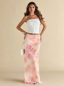 Falda de malla con estampado floral rosa de cintura media-baja para mujer de  , adecuada para la temporada de bodas, temporada de graduaciones, salidas nocturnas, actividades de fiesta, viajes, festivales, falda elegante para mujer, falda rosa. - Rosa Fucsia - Ver 12
